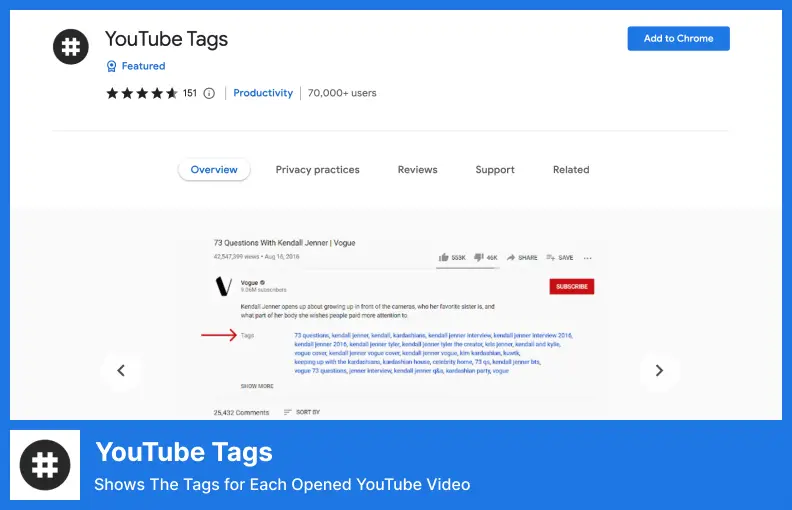 YouTube タグ - 開いた各 YouTube ビデオのタグを表示します