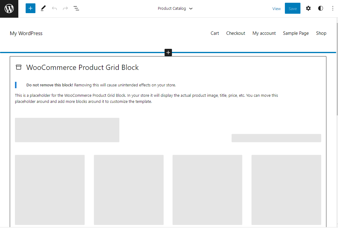 サイト エディターにデフォルトで表示される WooCommerce Product Grid ブロック