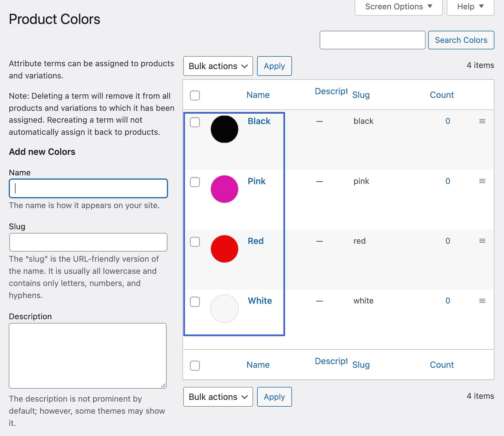 WooCommerce のカラー バリエーションの見本を表示する