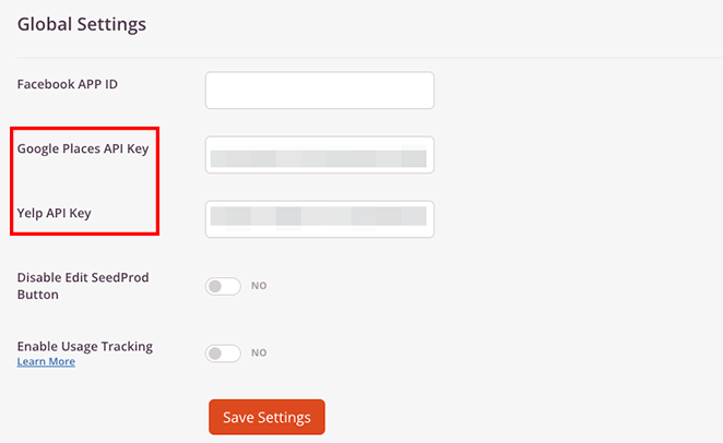 Google Places API Key and Yelp API Key settings