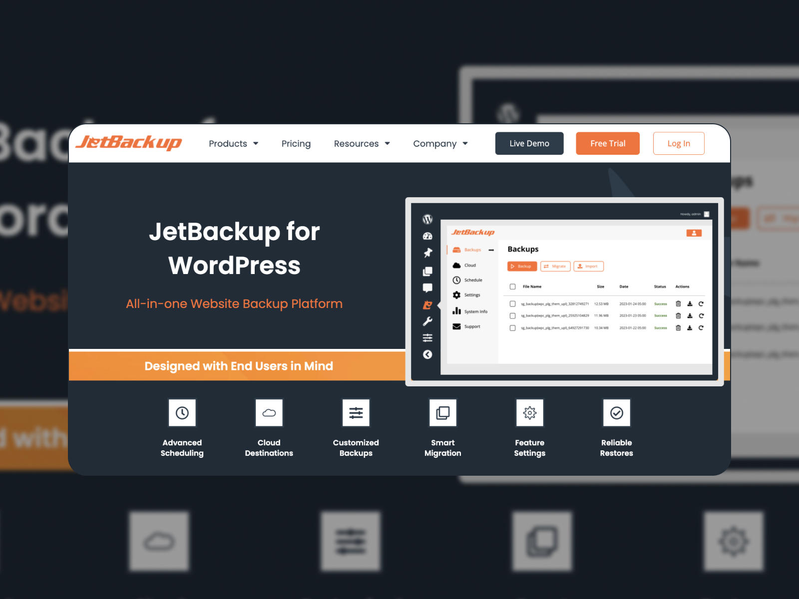 黑色、白色和橙色的 JetBackup 插件主页拼贴画。