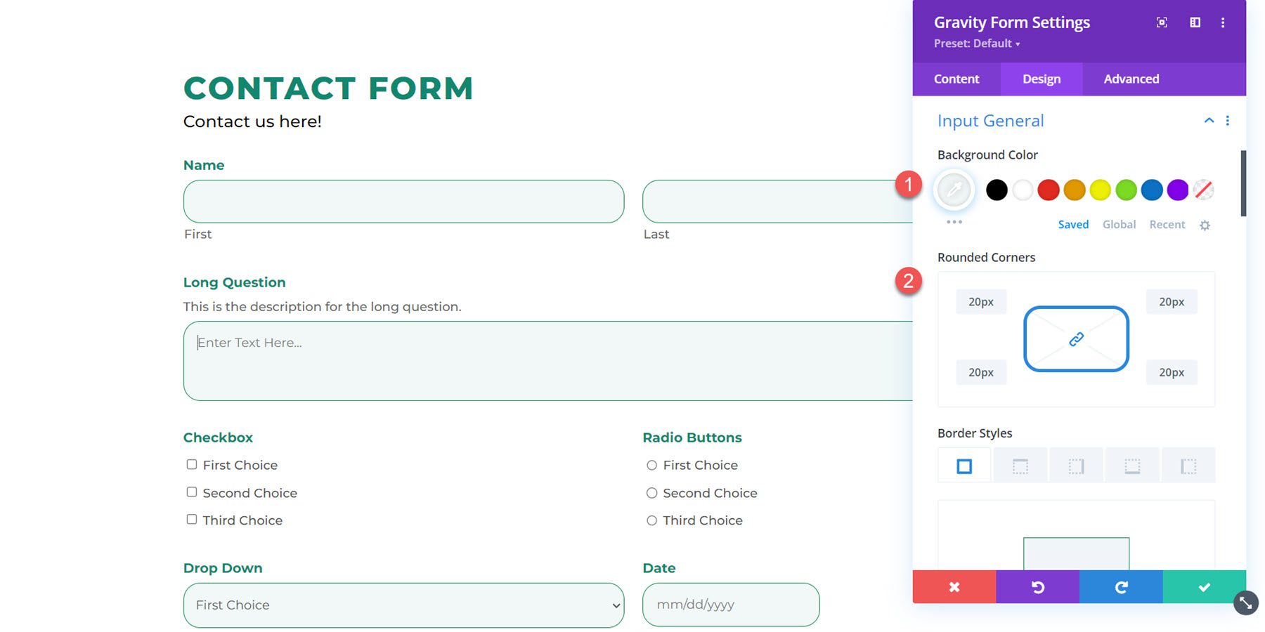 Divi Plugin Podświetl Divi Gravity Forms Dane wejściowe Ogólne