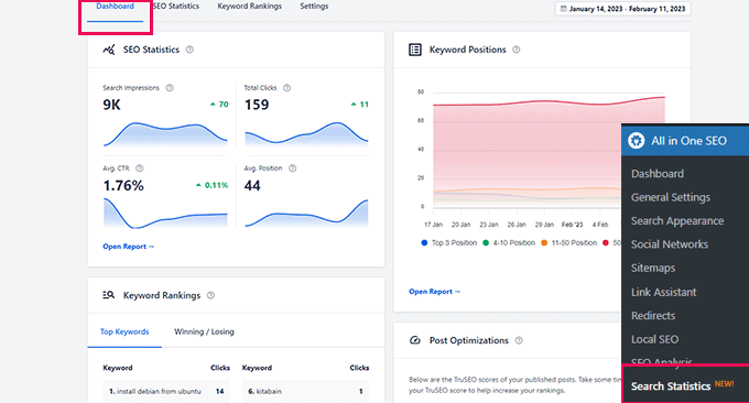 Search statistics dashboard