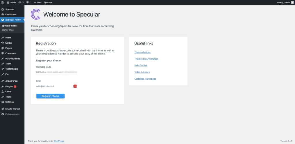 registrar el tema de WordPress especular