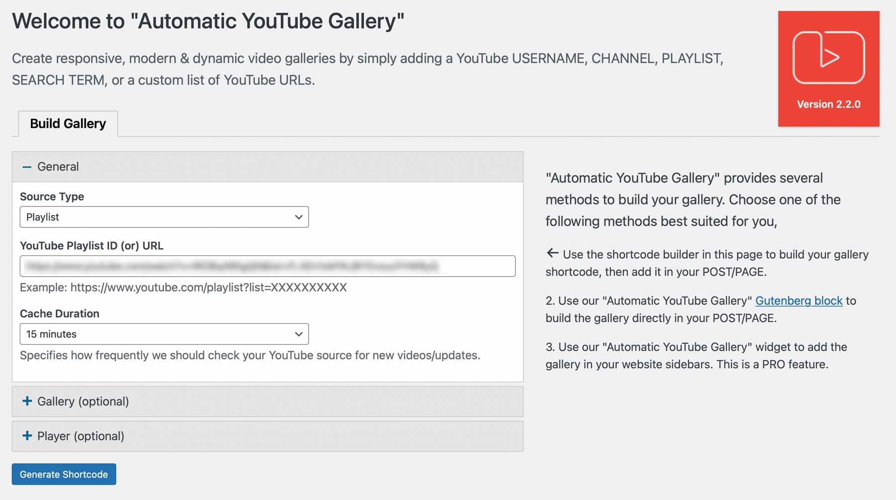 Configuración automática de la galería de YouTube