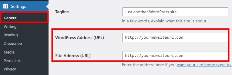 le impostazioni generali cambiano l'URL della pagina in wordpress