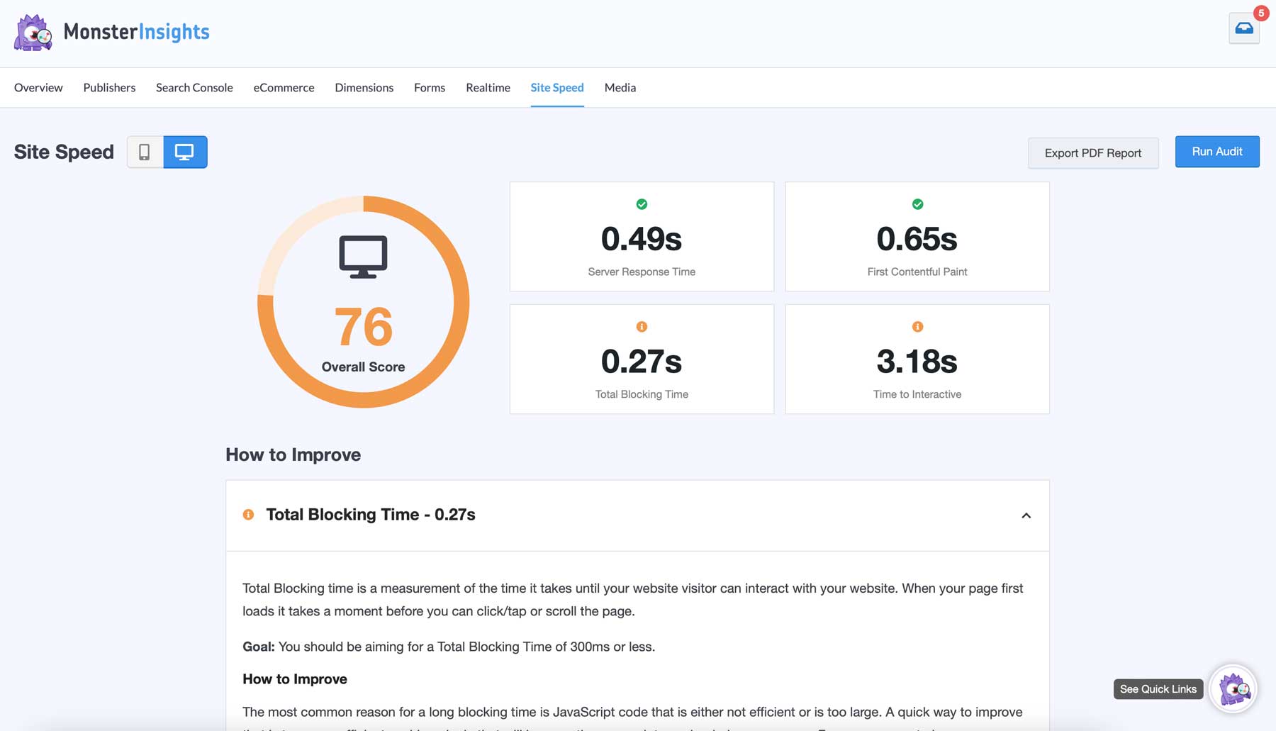 MonsterInsights Seitengeschwindigkeitsanalyse