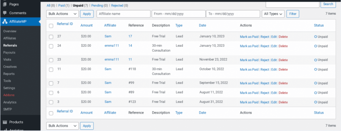 Reviewing AffiliateWP referrals in dashboard