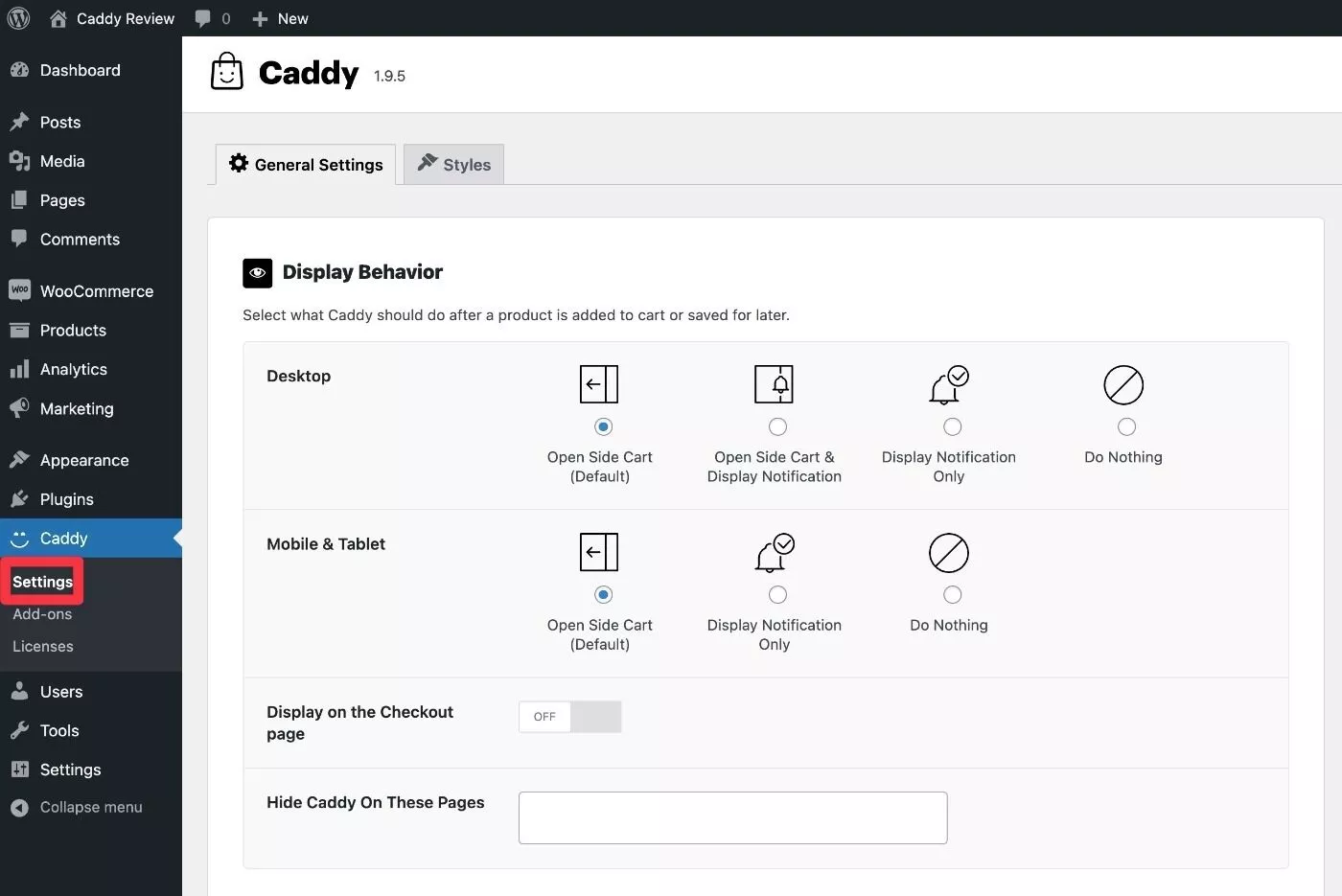 Área de configuración del carrito lateral de Caddy WooCommerce