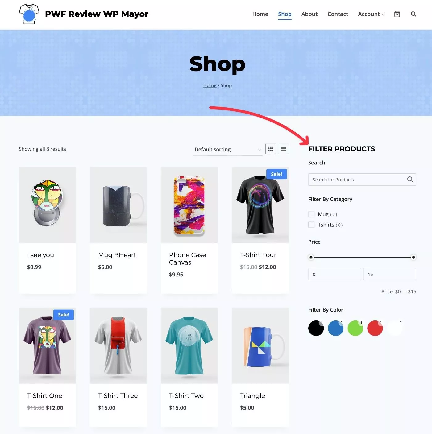 Ejemplo de filtro de producto de WooCommerce