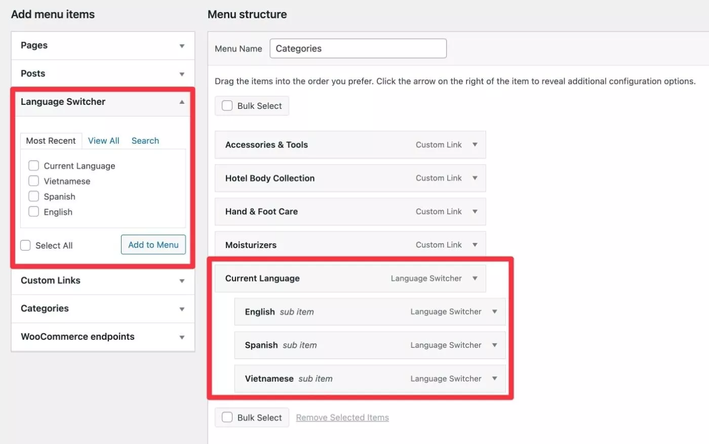 Configuración del selector de idioma del menú