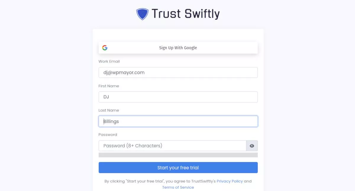 Trust Swiftly 登録フォーム