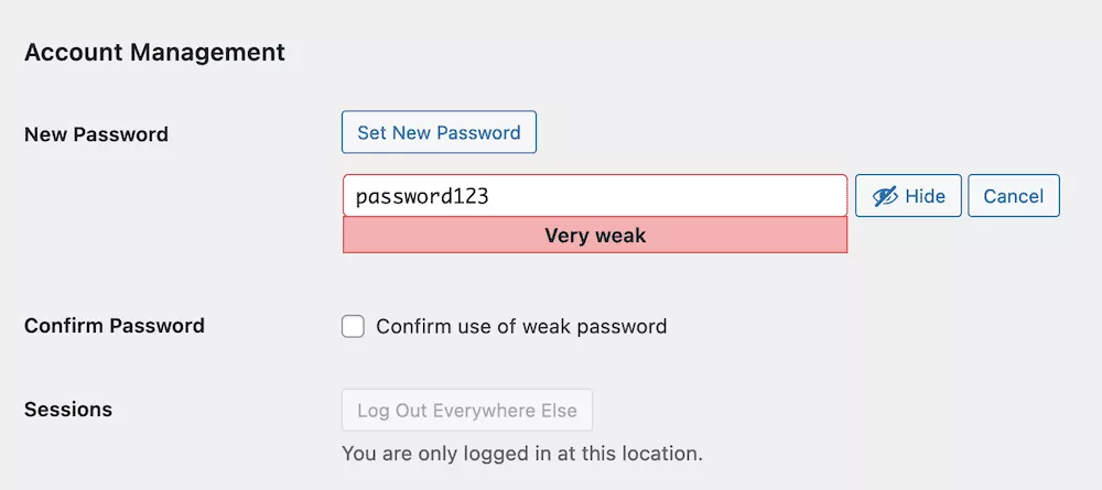 Próba ustawienia słabego hasła w WordPress.
