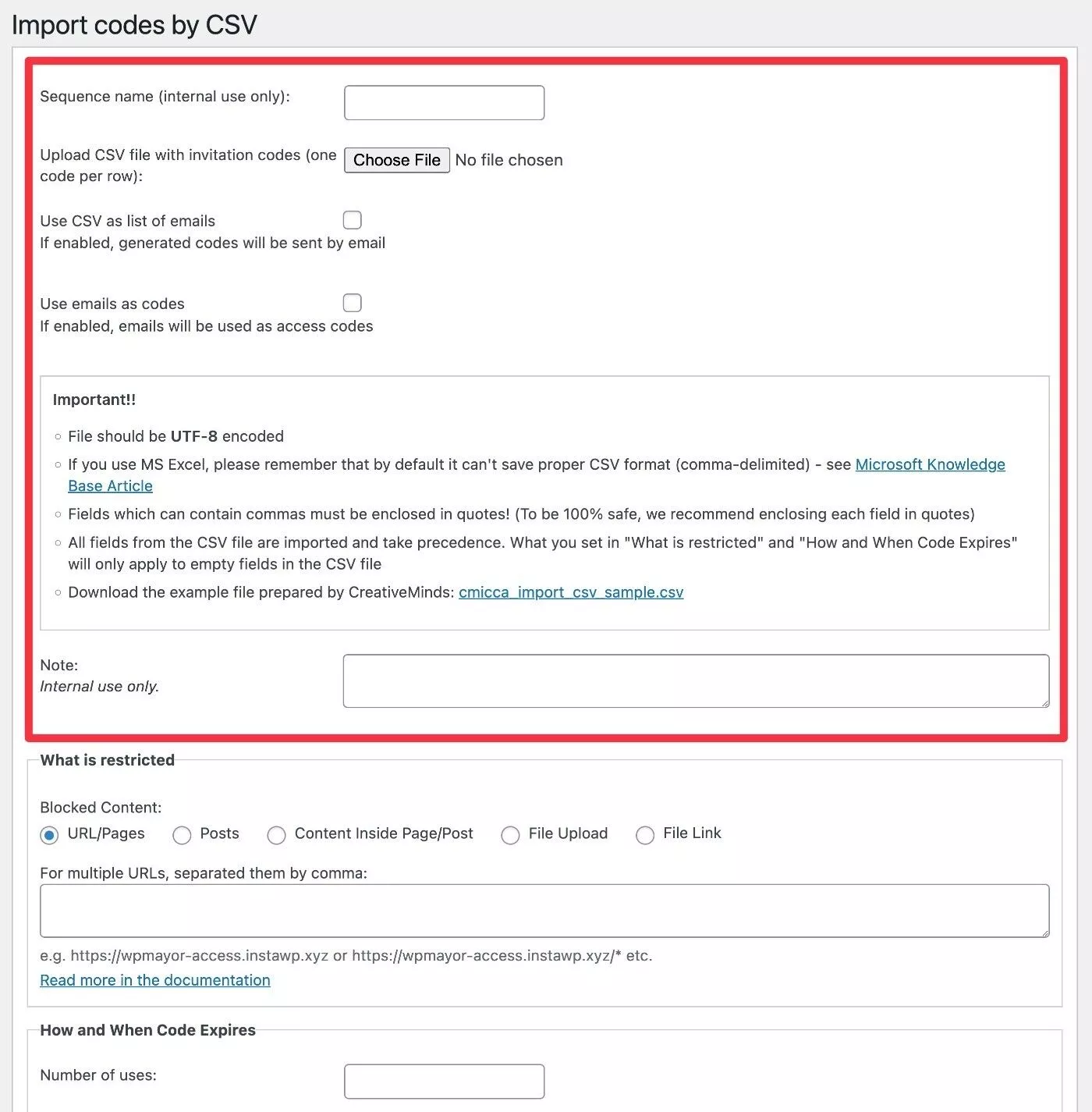 Importa codici di accesso da CSV