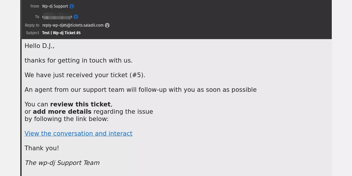 screenshot dell'e-mail del ticket del cliente