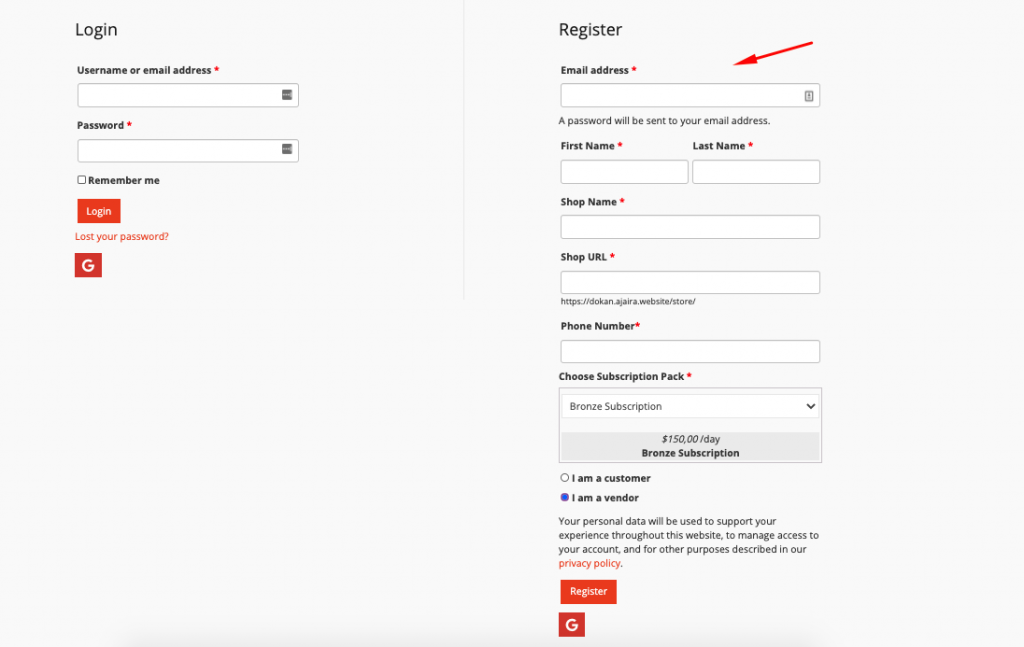 modulo di registrazione del venditore