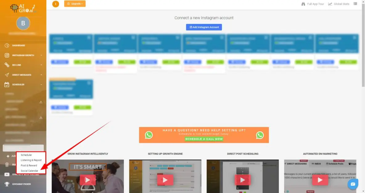 Trova il calendario dei contenuti Instagram di AiGrow facendo clic sull'opzione "Calendario social".