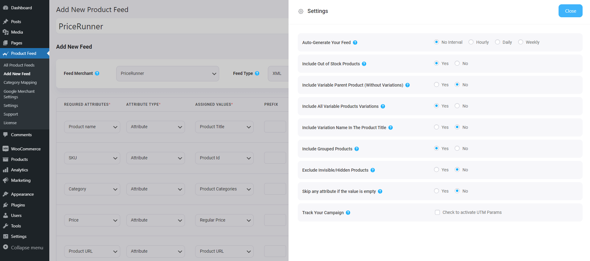 Opções de configuração do PriceRunner