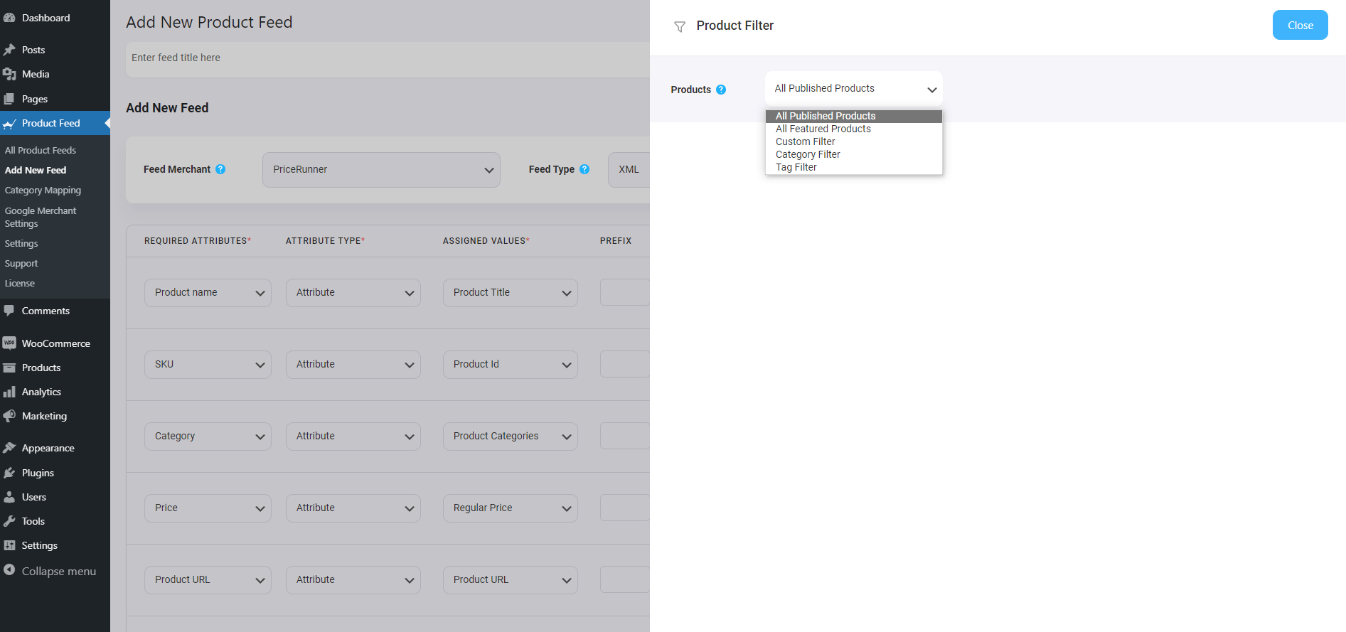 Opções de configuração do produto PriceRunner