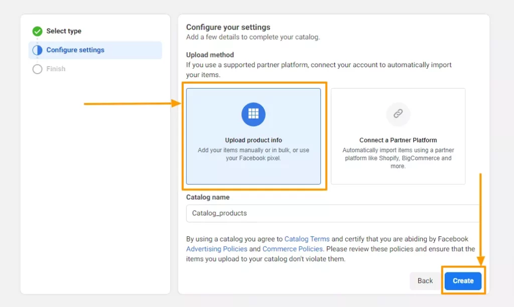 Crear catálogo: configurar los ajustes