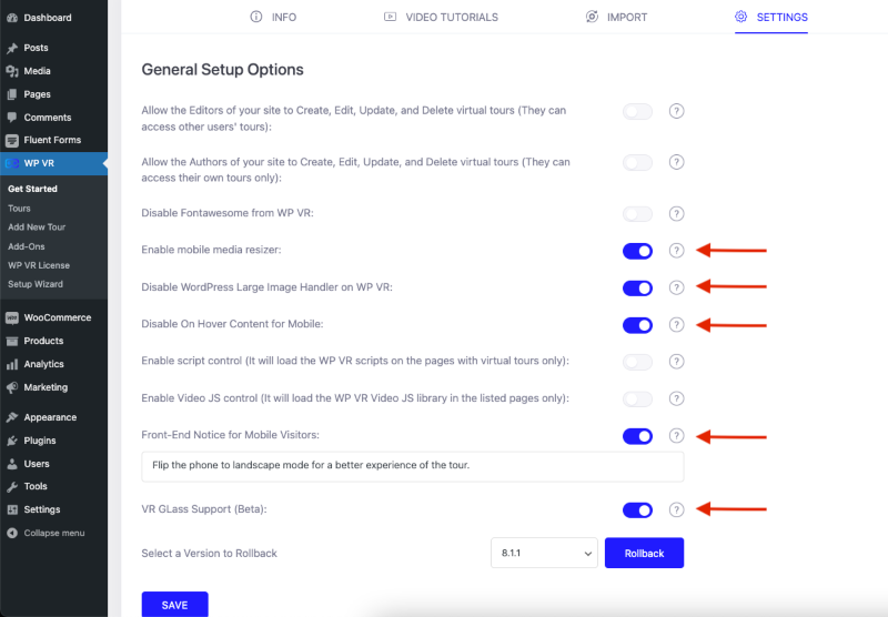 Opção de configuração geral - WPVR