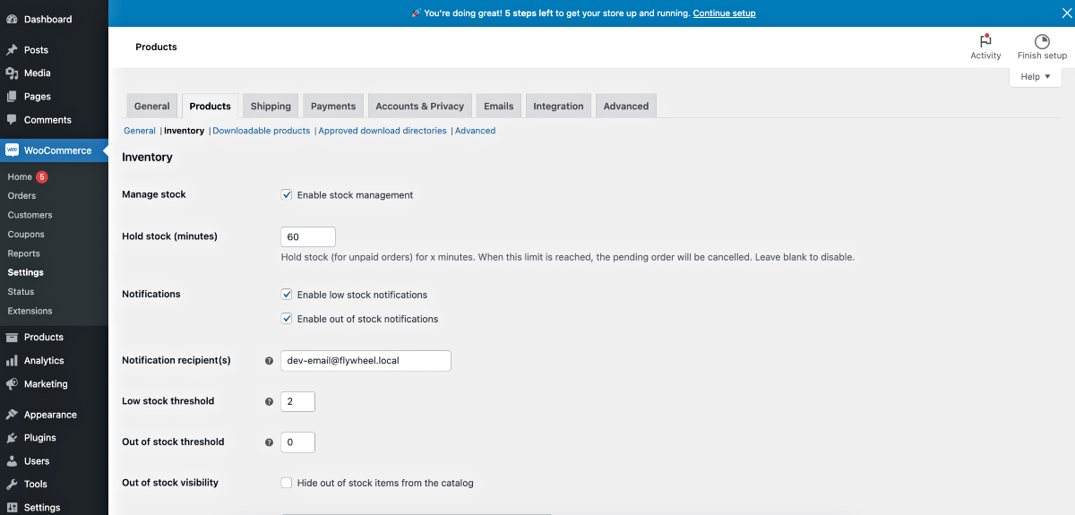 Configuración del inventario de productos