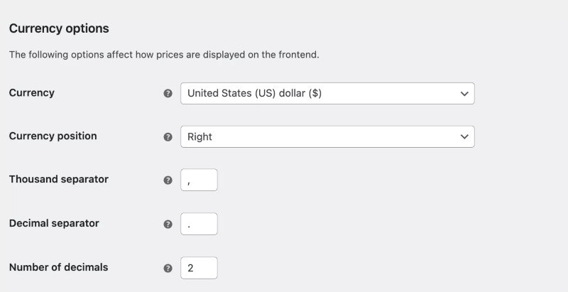 ตัวเลือกสกุลเงิน woocommerce