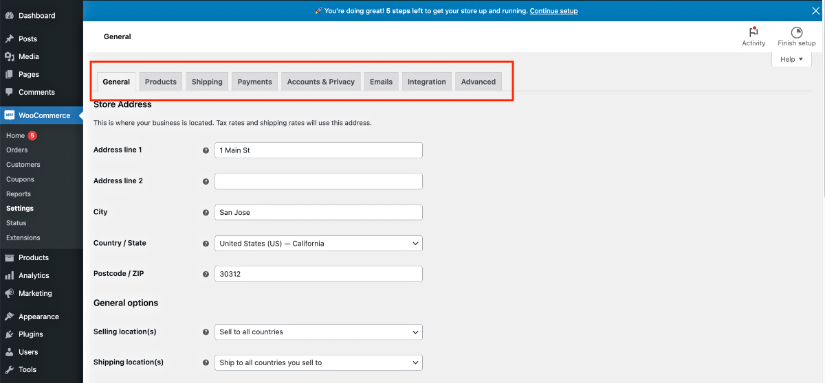 Menú de configuración de WooCommerce