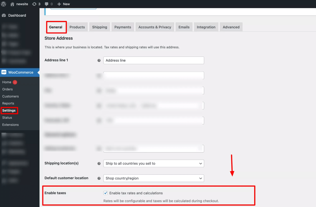 تمكين معدلات الضرائب على woocommerce