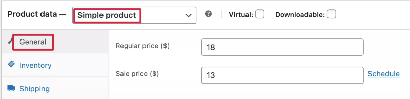 Allgemeine Registerkarte Einfache Produkte