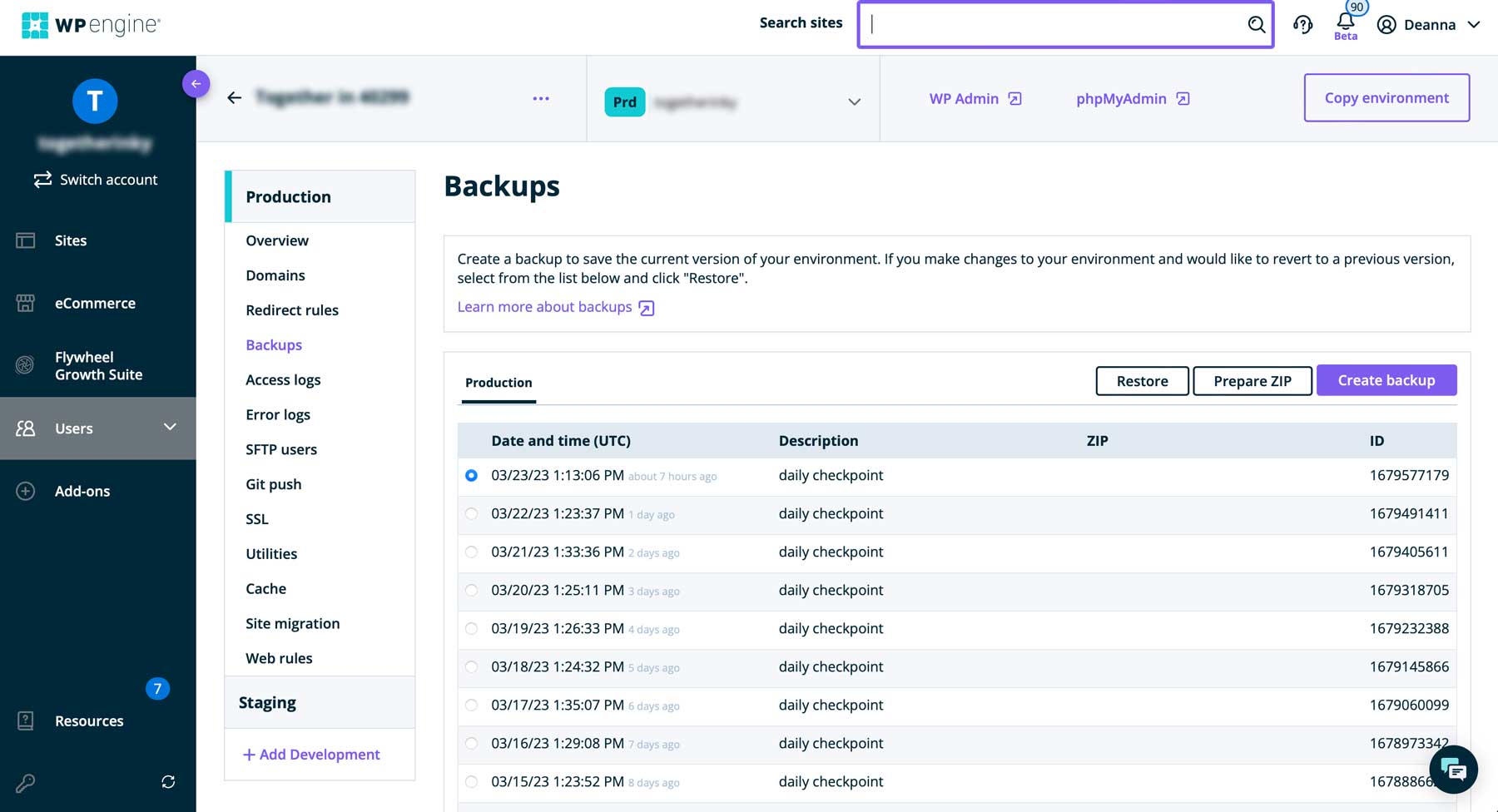 Tabloul de bord WP Engine