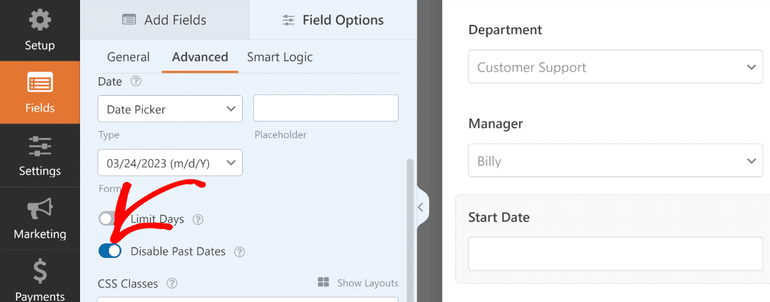 Disable Past Dates Option