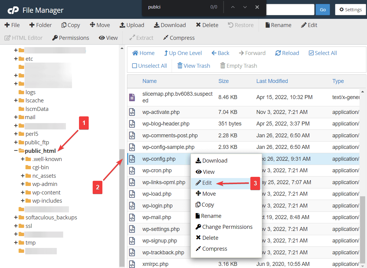 ファイルマネージャーで wpconfig ファイルを編集する