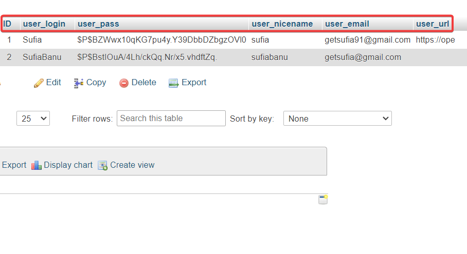 phpmyadmin データベースのテーブルの内容