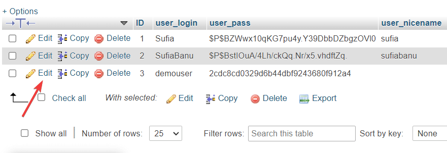 phpmyadmin データベースでユーザーを編集する