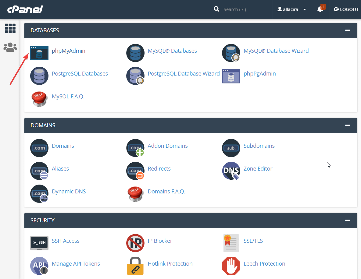 cpanel で phpmyadmin を見つける