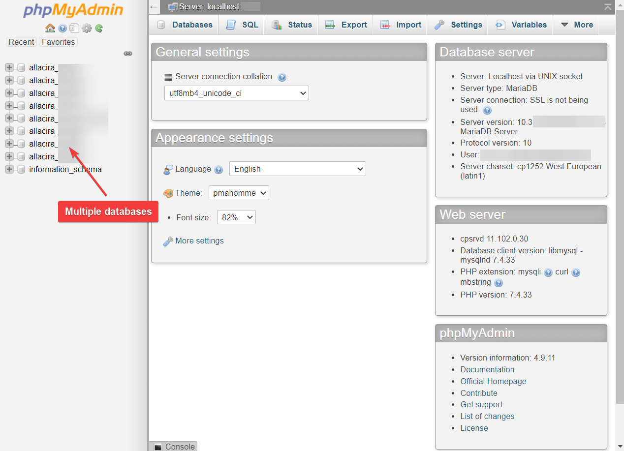 複数の phpmyadmin データベース