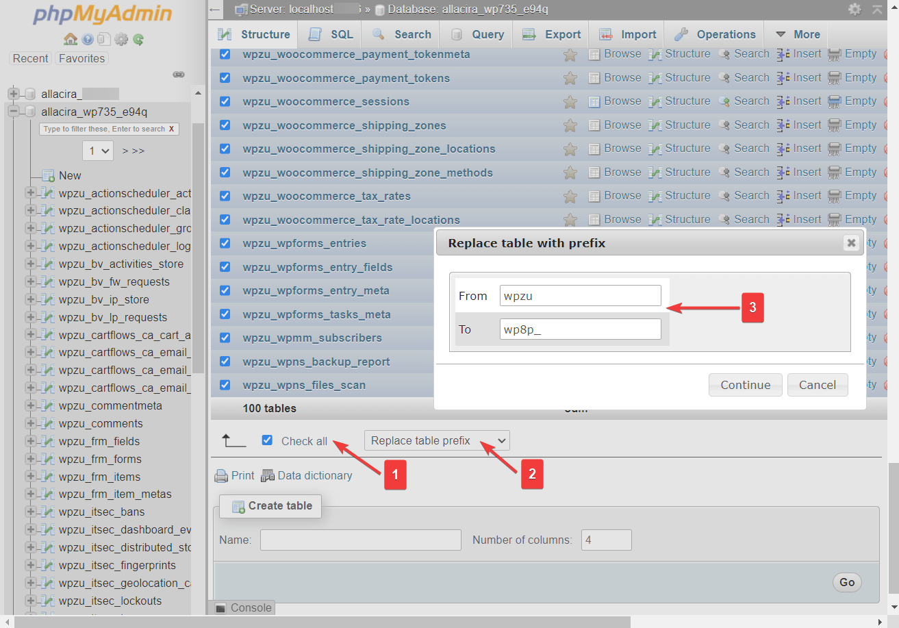 phpmyadmin のデータベース プレフィックスの名前を変更する