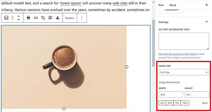 Resize an image using block panel settings