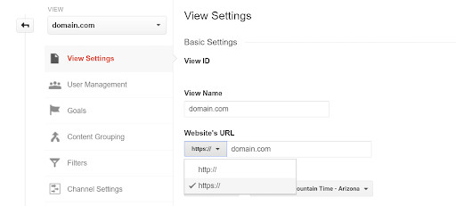 aggiornando l'URL predefinito della vista di Google Analytics alla versione https