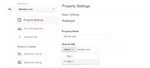 aggiornamento dell'URL predefinito della proprietà di Google Analytics alla versione https