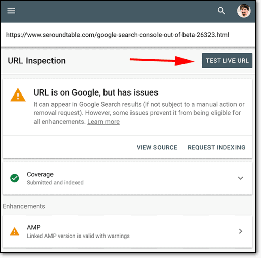 google arama konsolu url inceleme aracı canlı test düğmesi.