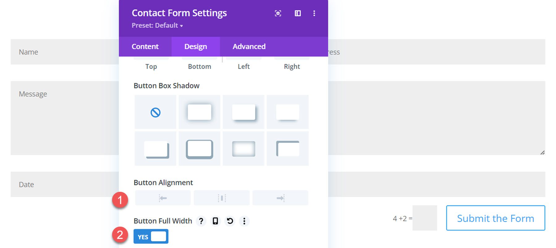 Mise en surbrillance du plugin Divi Aide au formulaire de contact Divi Alignement des boutons Pleine largeur