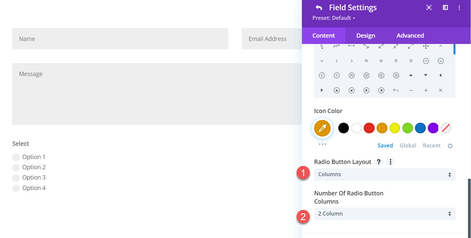 Plugin Divi Evidenzia le colonne radio dell'helper del modulo di contatto Divi