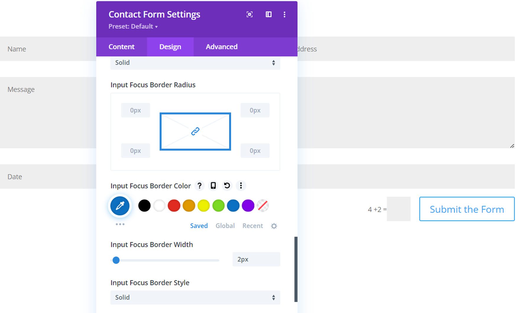 Divi Plugin Destaque Divi Contact Form Helper Input Focus Border