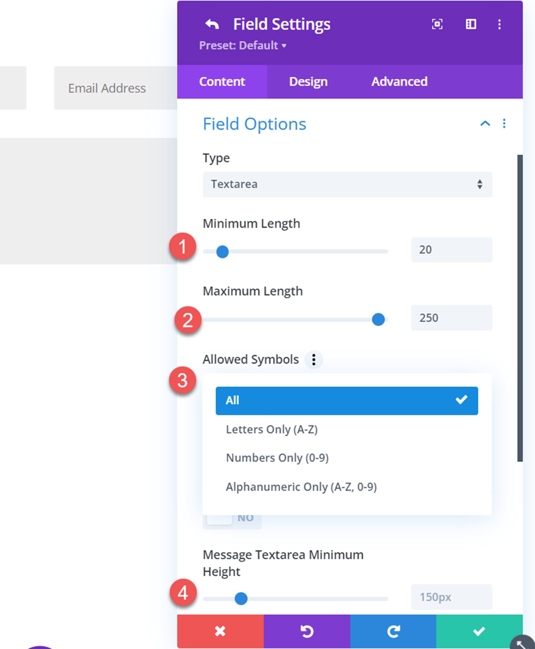 Longueur de la zone de texte de l'assistant de formulaire de contact Divi