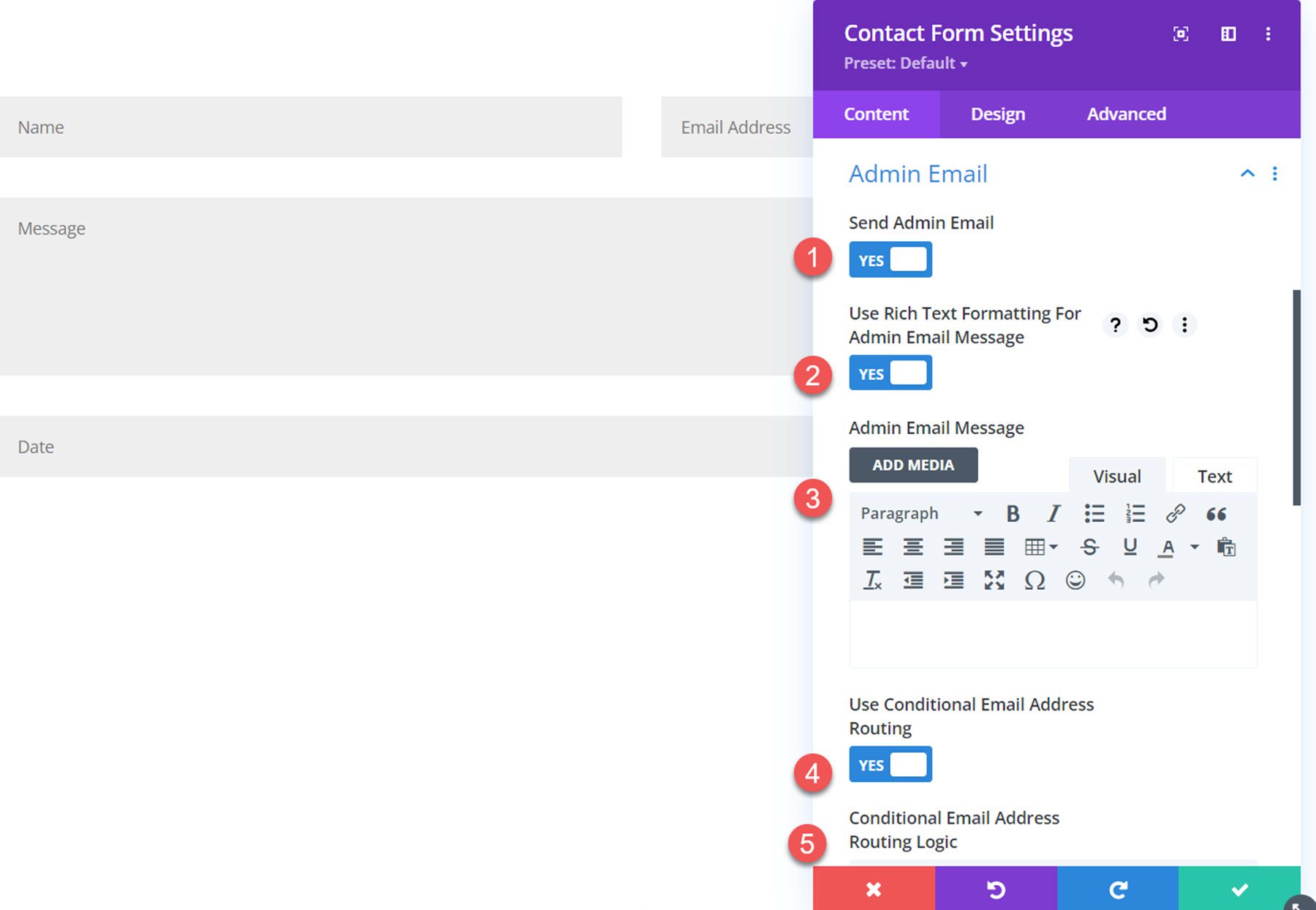 Divi Plugin Evidenzia il modulo di contatto Divi Helper Admin Email abilitato