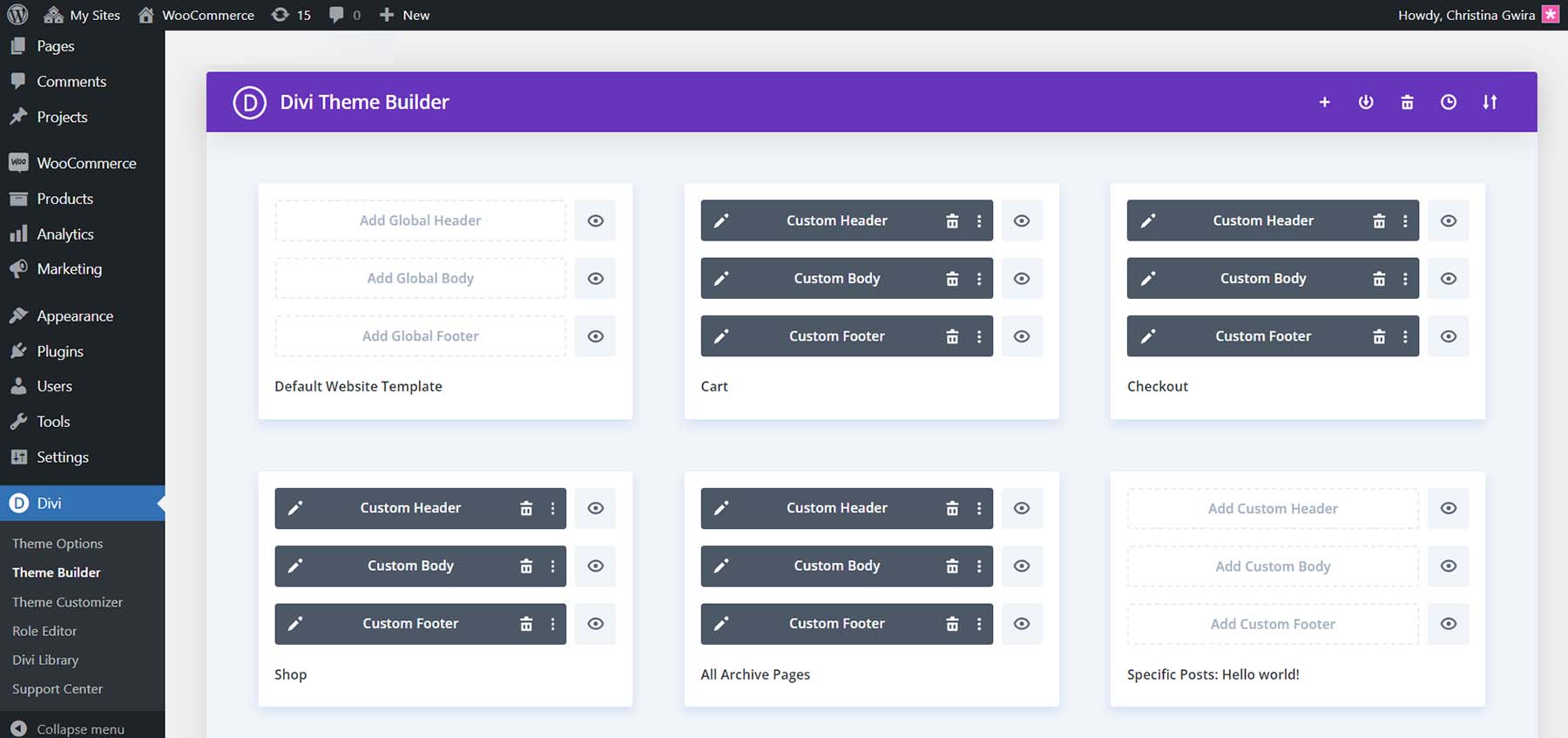 Plantillas personalizadas de Divi y WooCommerce en Theme Builder