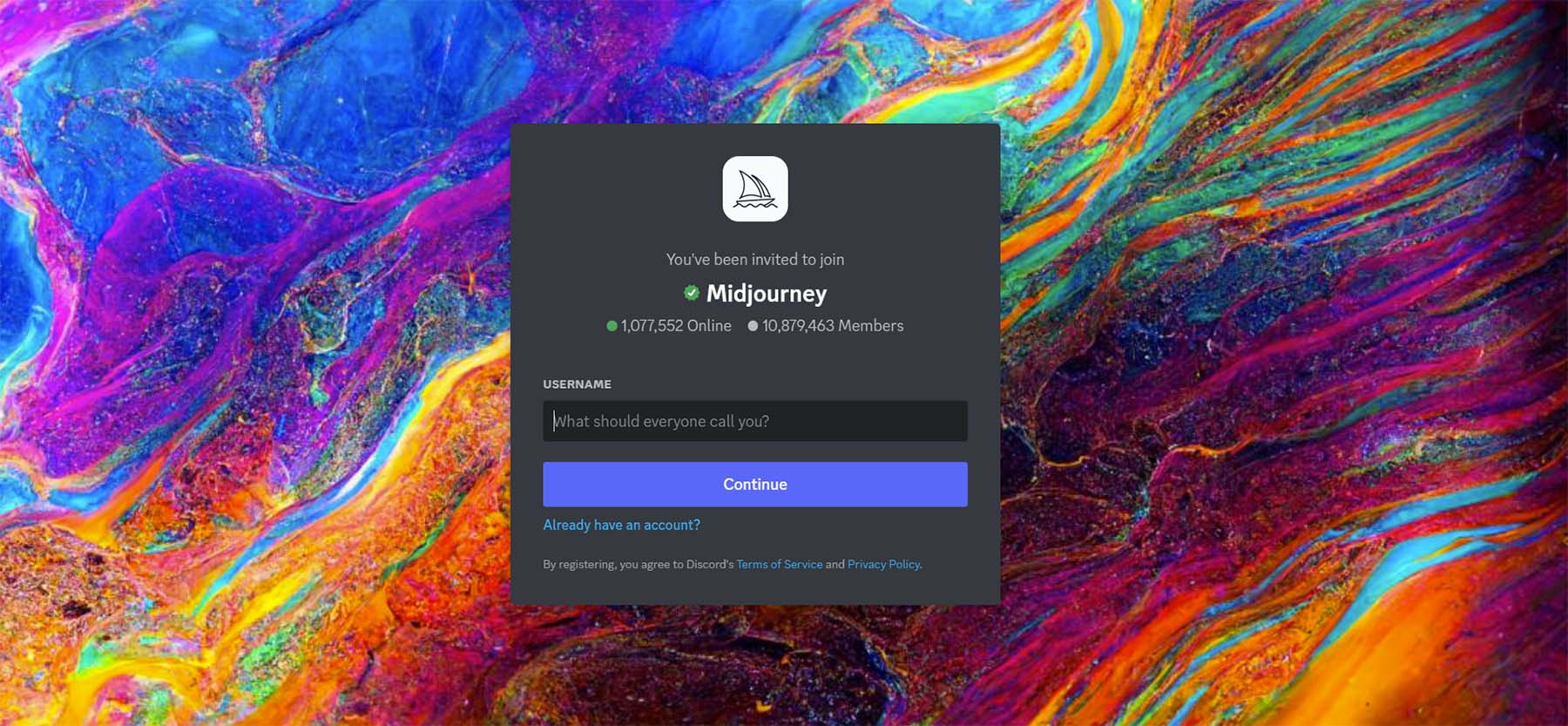 Inicie sesión en el servidor MidJourney Discord con su cuenta actual de Discord