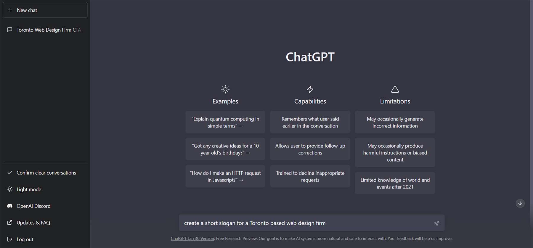 مطالبة ChatGPT بإنشاء شعار قصير لموقعنا على الويب